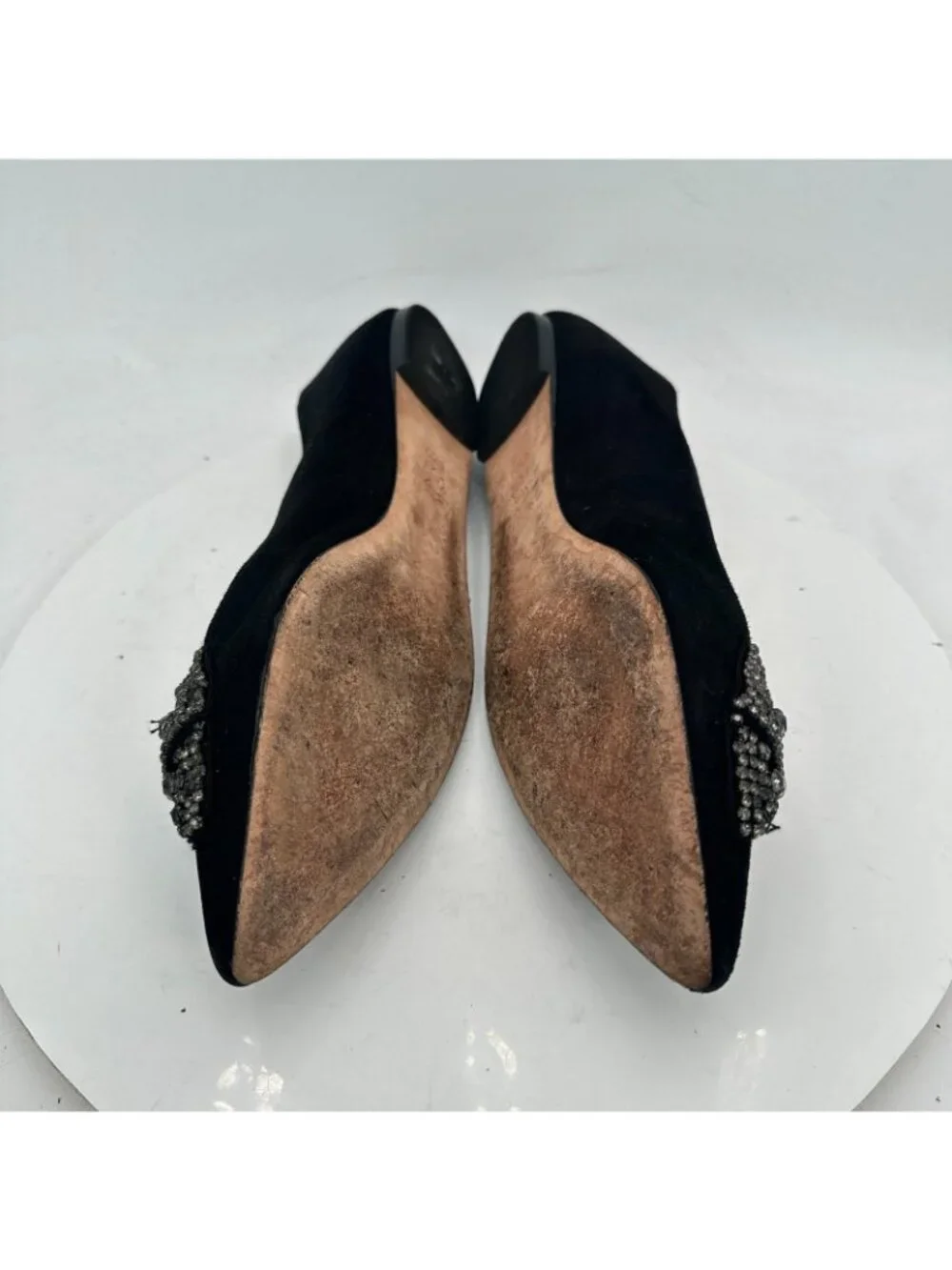 Tory Burch Vanessa Women Sz 8.5M Black Suede Pointed Toe Crystal Bow Flat Shoes